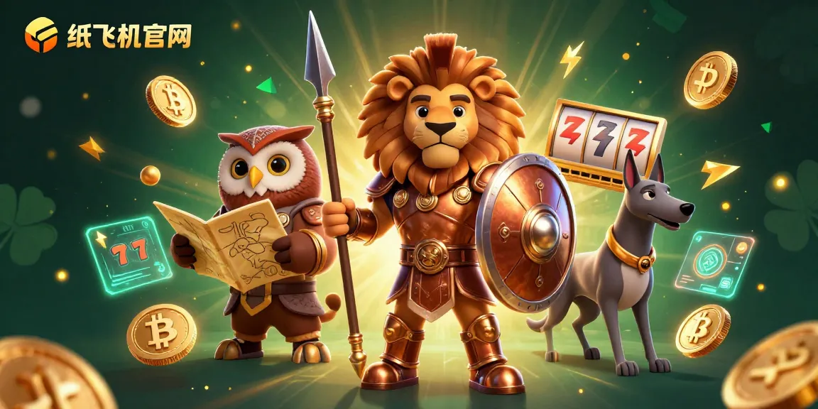Experience the excitement of casino gaming at 纸飞机官网 with a vibrant 3D illustration of a Spartan lion, strategic owl, and swift greyhound.