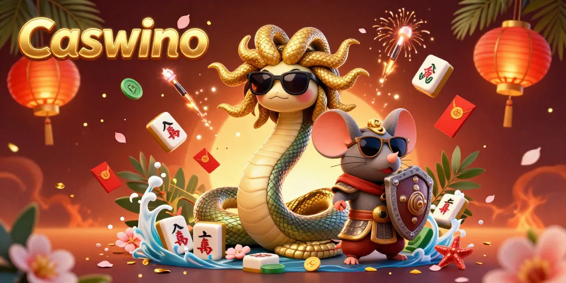 Engage with Caswino's vibrant 3D illustration of a friendly Medusa and warrior mouse amidst casino elements.