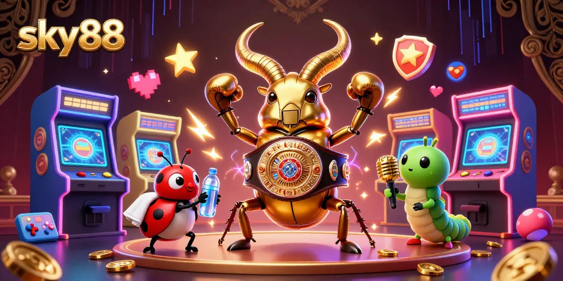 sky88 showcases a fantastic gaming showdown with a giant golden stag beetle and colorful arcade elements.