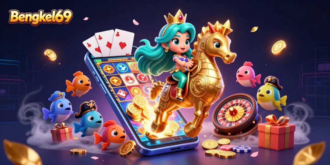 Bengkel69 slot gaming scene featuring a mermaid on a seahorse amidst colorful fish, inviting vibrant gameplay.