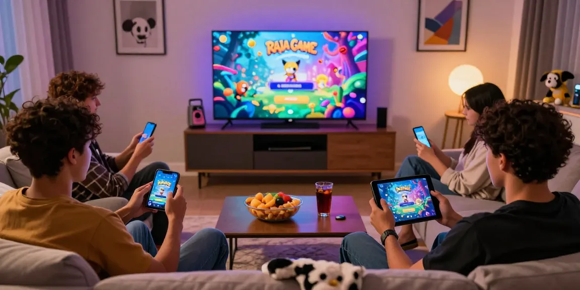 Friends engaging in Raja Game login on devices in a lively living room setting.