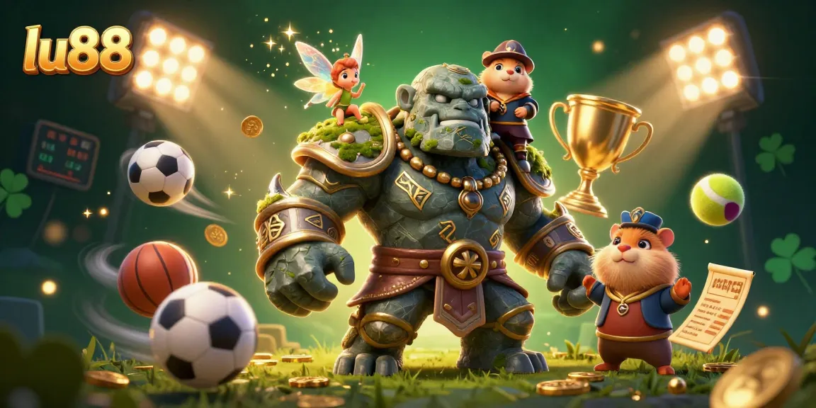 lu88 sports betting scene featuring a golem, fairy, and knight amidst dynamic sports elements