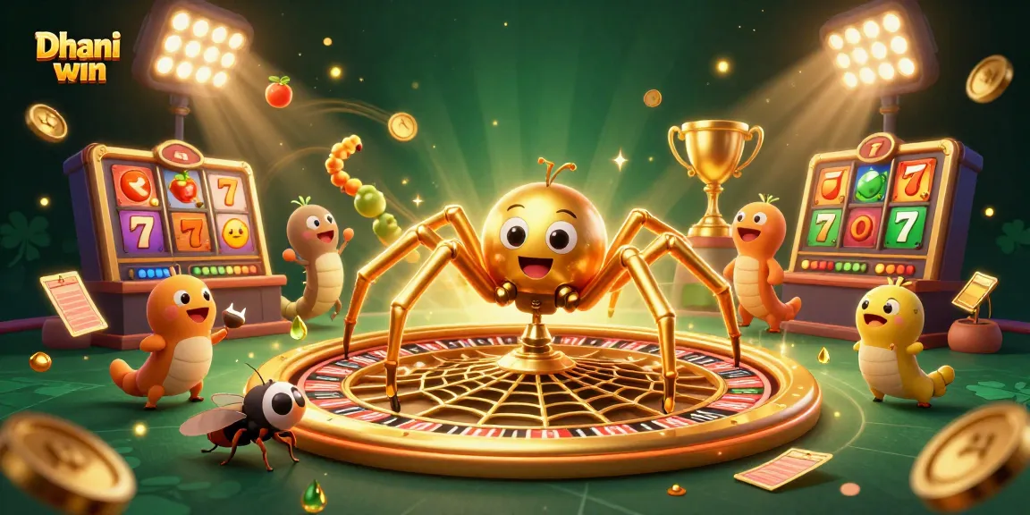 Dhani win gameplay visualization featuring a golden spider croupier interacting with dynamic slot game elements and sports motifs.