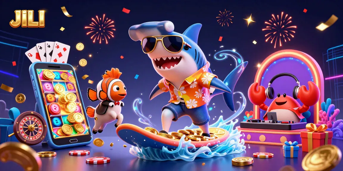 Permainan JILI menarik dengan hiu kartun berselancar di koin emas dan ikan badut berpakaian tuxedo.