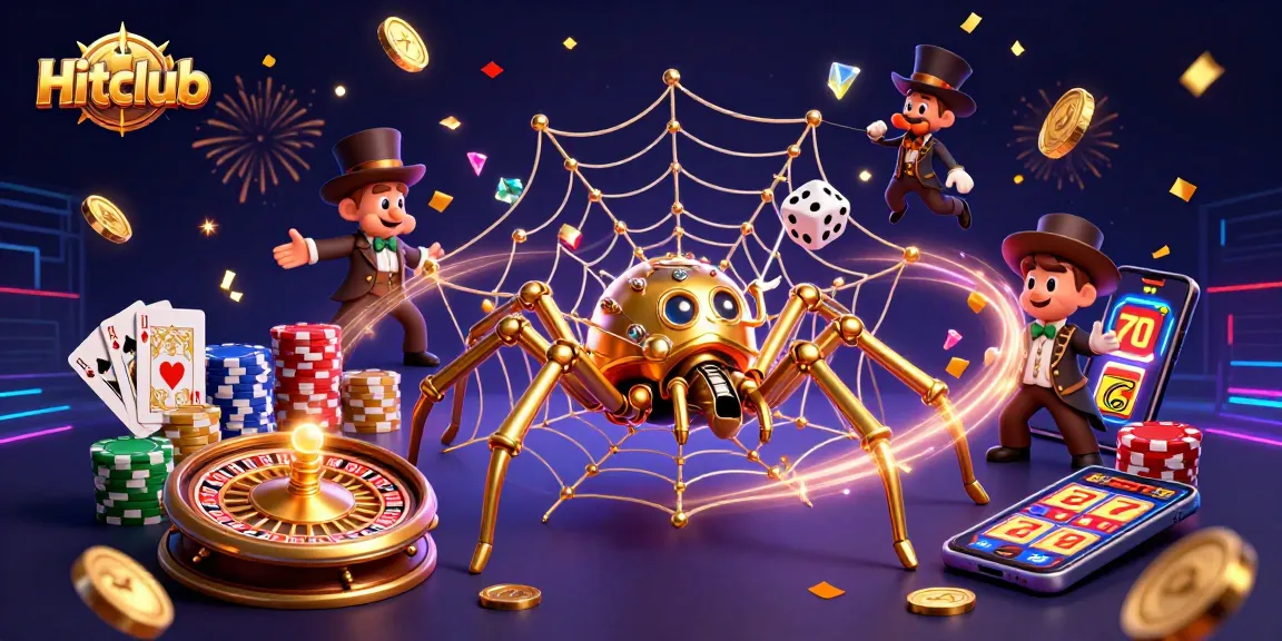 Hitclub engages gamers with a captivating scene of a golden spider and delighted fly amidst vibrant casino elements.
