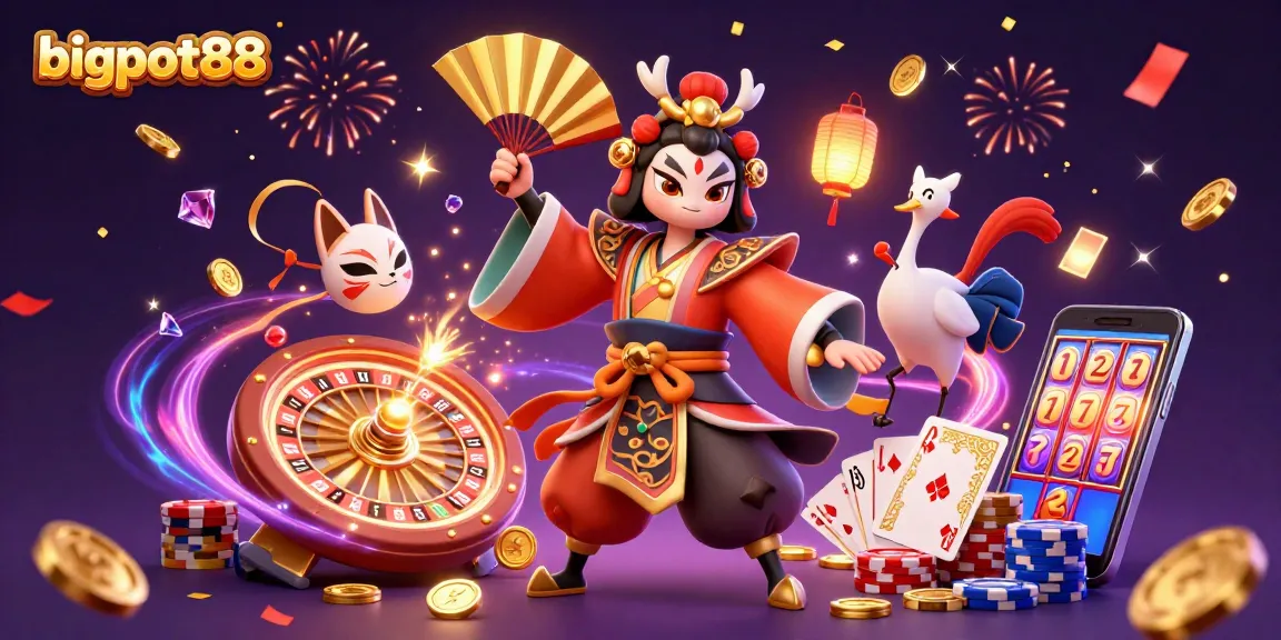 Experience bigpot88 with vibrant slot symbols, kabuki warrior, and confetti for an immersive gambling thrill.
