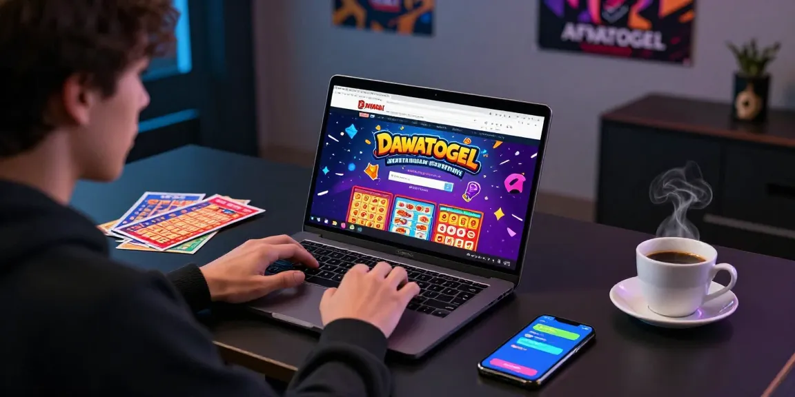 Seorang pemain terlibat dengan situs dewatogel di laptop dengan tiket lotere colorful di sekitarnya.