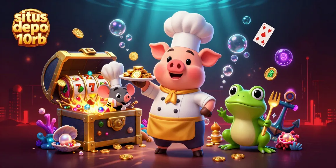 Engage in situs depo 10rb excitement with an energetic casino-themed scene showcasing slots and gold coins.