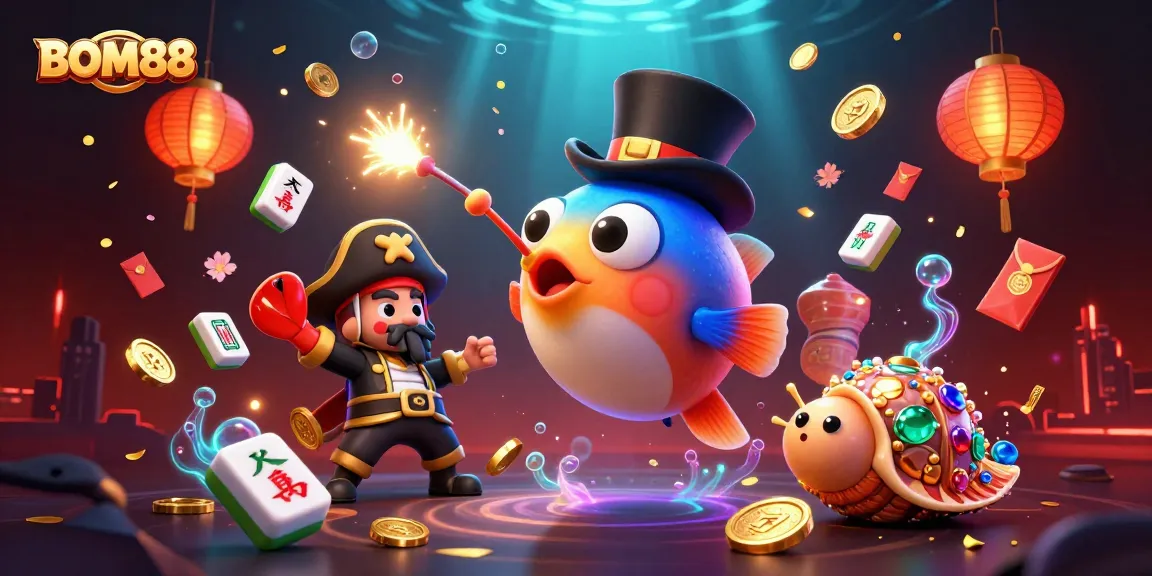 BOM88 gamers enjoy fortune with vibrant 3D illustration featuring lucky deep-sea characters and casino elements.