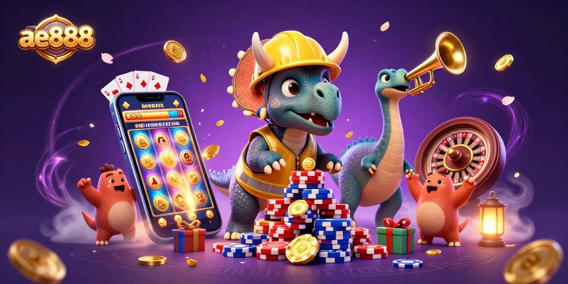 Experience the excitement of AE888 with a triceratops building poker chip pyramids while celebrating with casino elements.