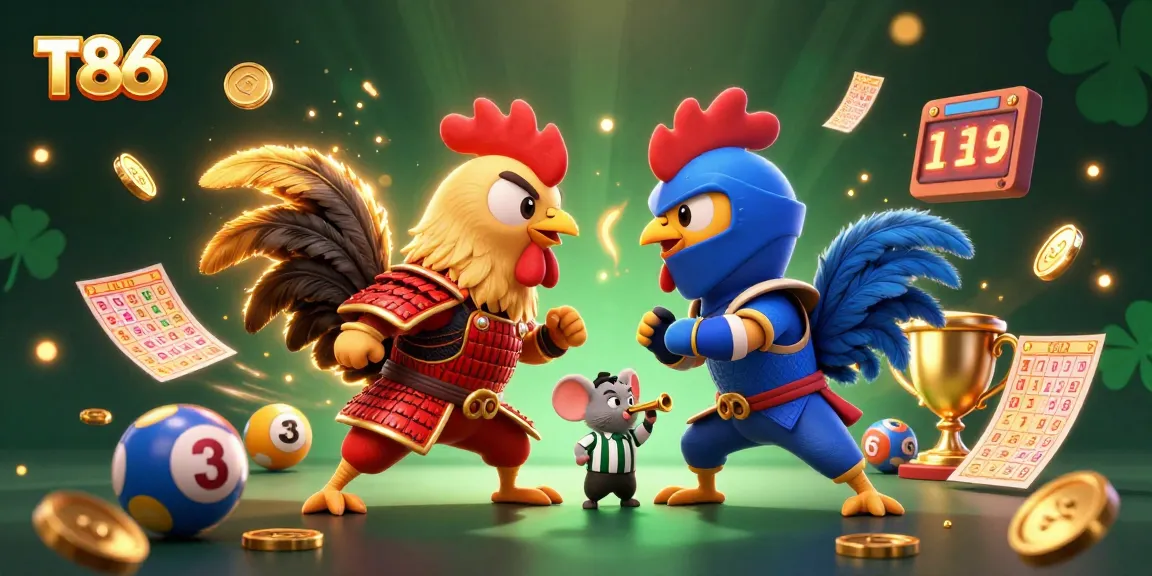 T86 showcases exciting lottery action featuring cartoon roosters and dynamic game elements.