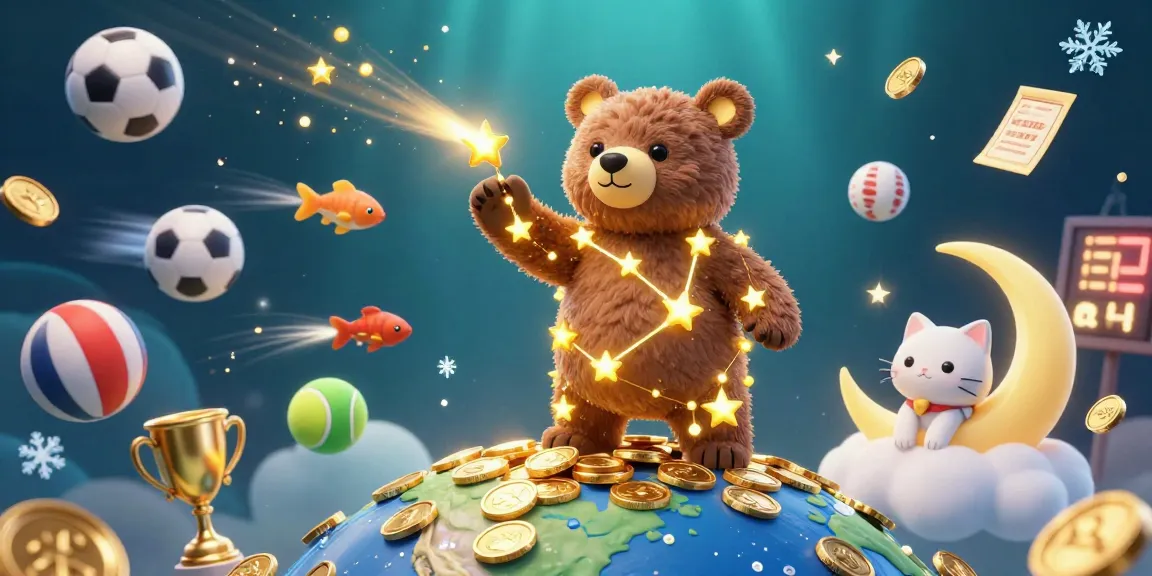 Engaging 789f casino scene with a constellation bear, shooting star fish, and dynamic sports elements.