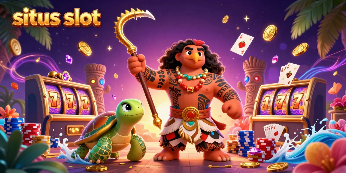 Visualisasikan situs slot yang menarik dengan karakter dewa Maui dan elemen kasino berkilauan.