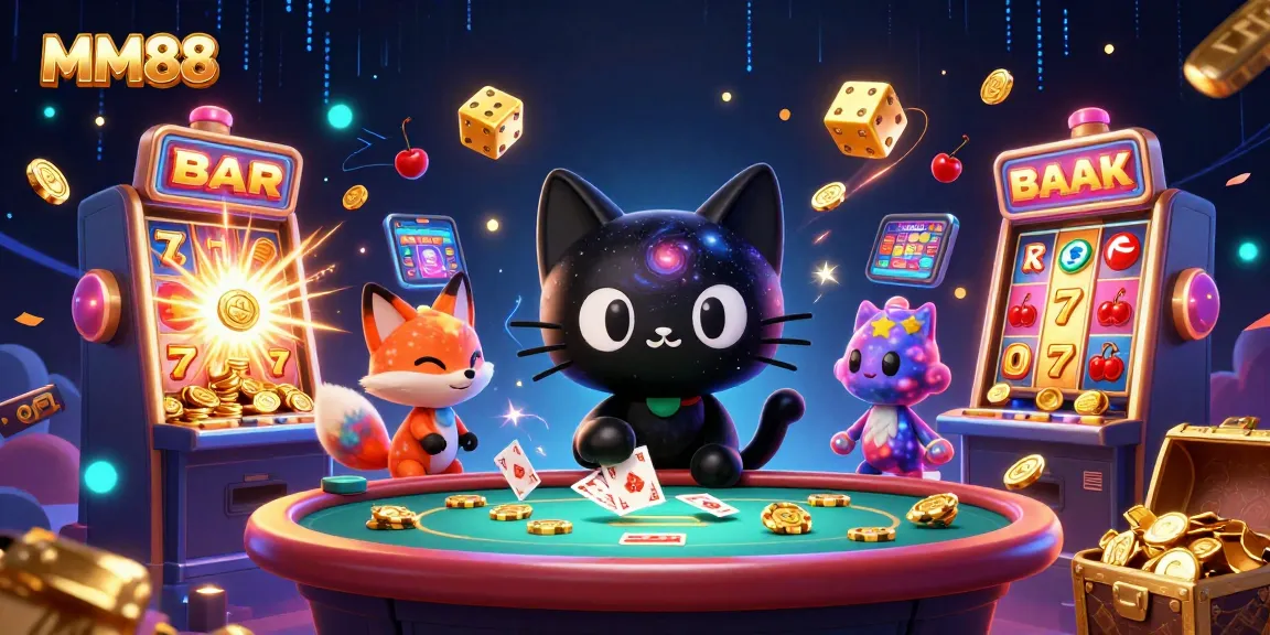 Engage with MM88's exciting gaming world through a cosmic casino scene bursting with vibrant energy.