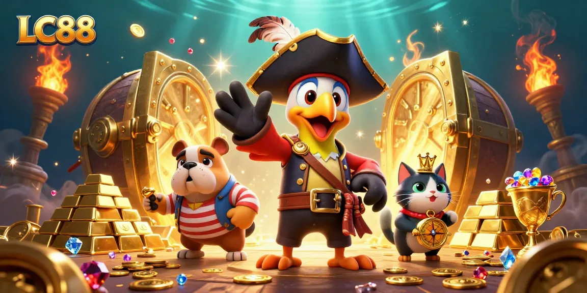 Experience the thrill of winning at LC88 with vibrant characters and dazzling treasures in this gaming scene.