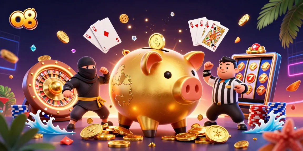 Join the excitement at o8 with thrilling golden rewards and lively characters in a vibrant casino scene.