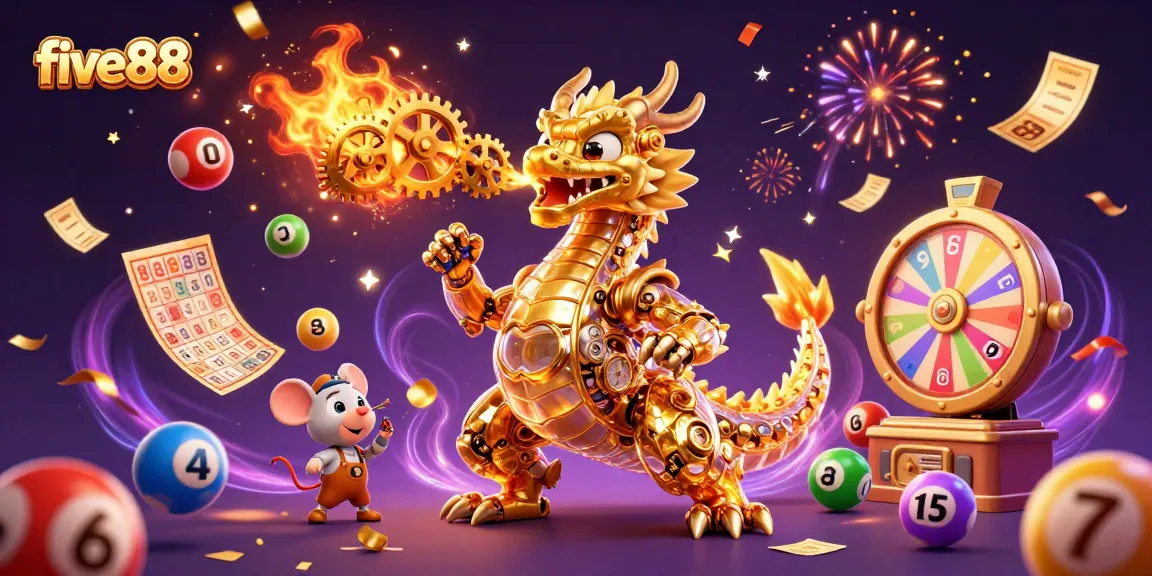 Experience thrilling excitement with five88 as golden gears and cogs burst forth in a vibrant casino scene.