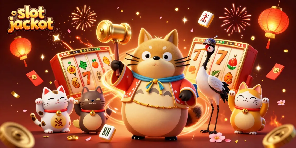 Mengguncang slot jackpot dalam permainan, tanuki dan crane merayakan keberuntungan dengan simbol keberuntungan