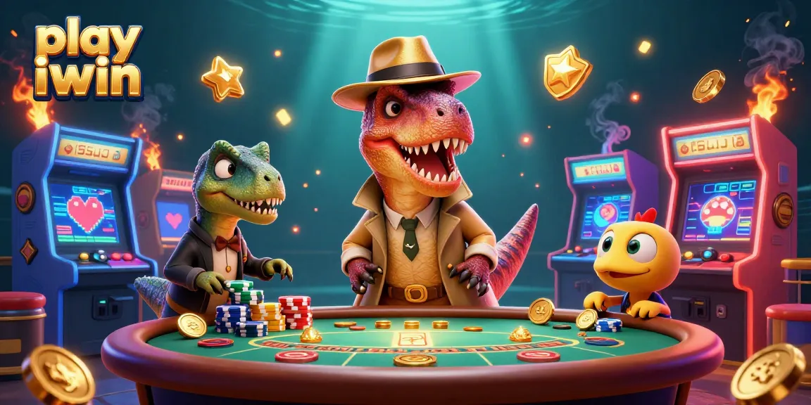 Play iwin with excitement at a vibrant casino scene featuring cartoon velociraptor and stegosaurus characters.