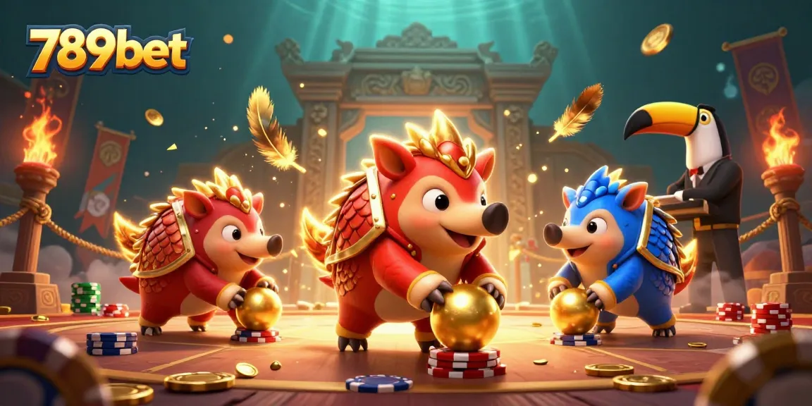 Engage with thrilling 789bet action in this vibrant 3D scene of pangolins bowling through poker chips.