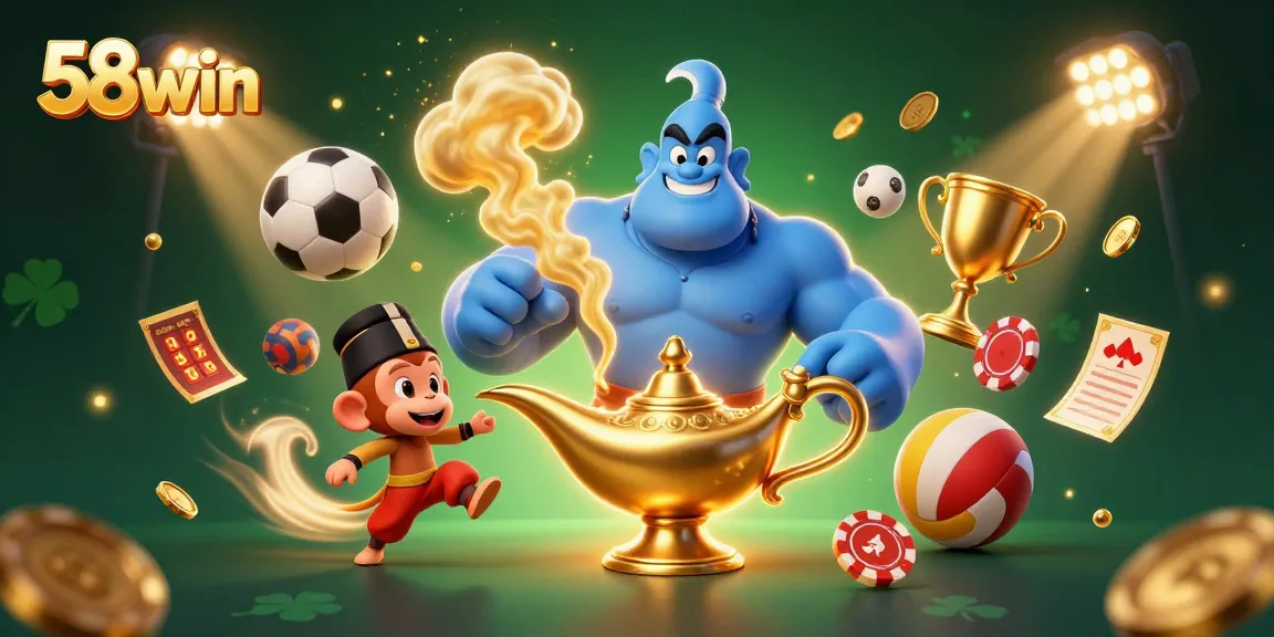 Experience the thrill of 58win with a vibrant 3D casino scene featuring a genie, monkey, and sports elements.