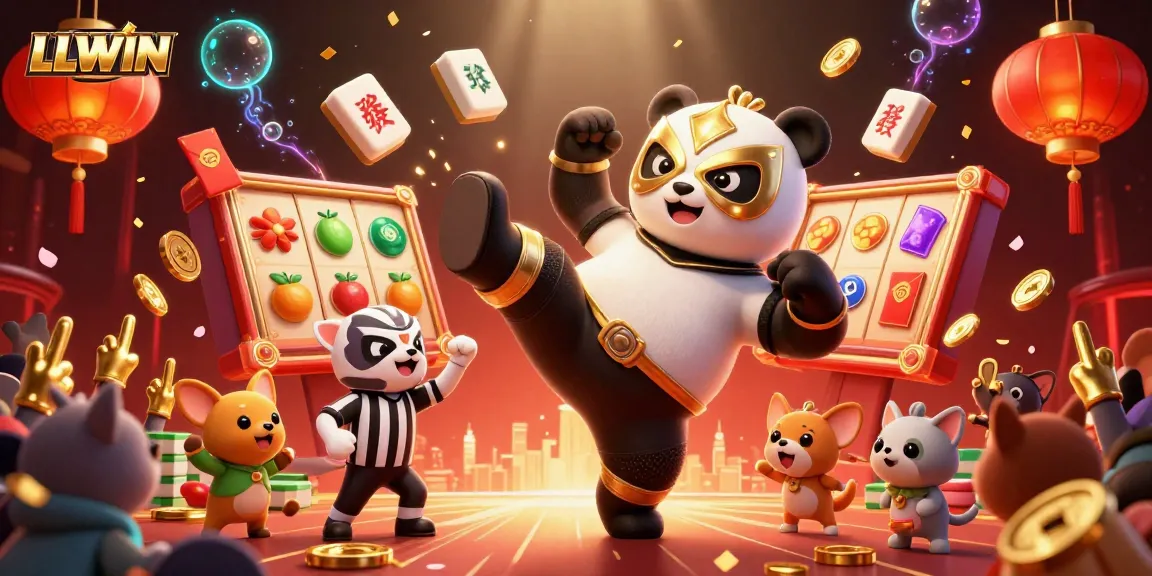 LLWIN casino showcases an energetic scene with a wrestling panda and vibrant slot elements engaging players excitedly.