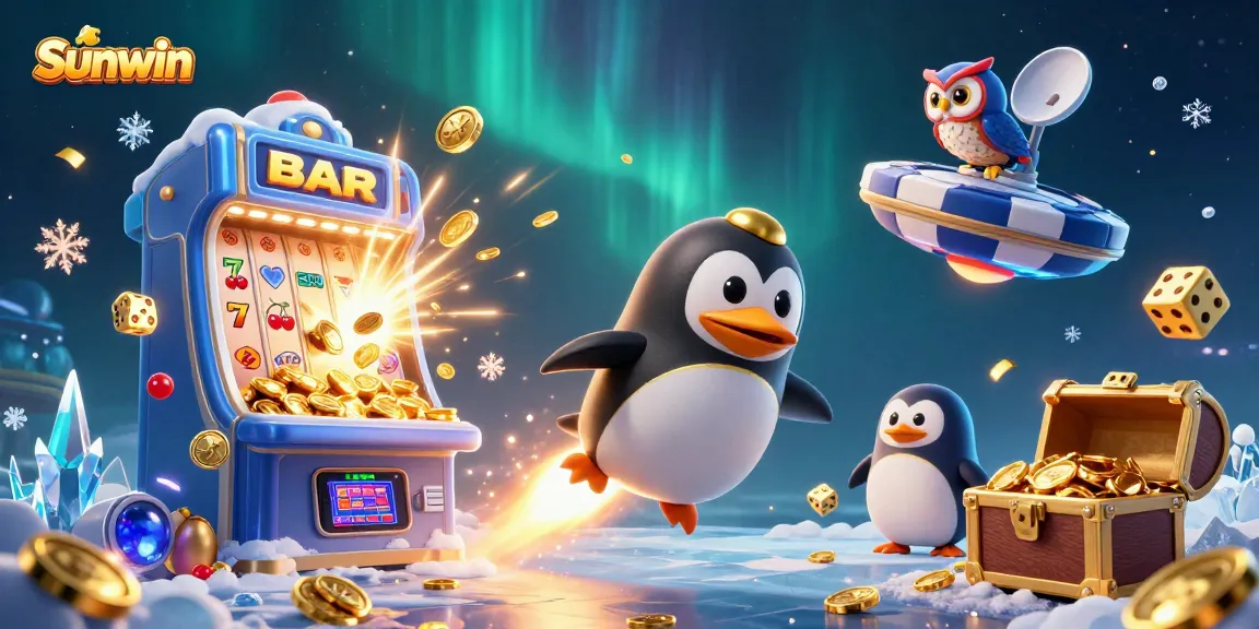 Sunwin casino illustration showing a golden penguin launching toward a poker chip space station amid slot machine action.