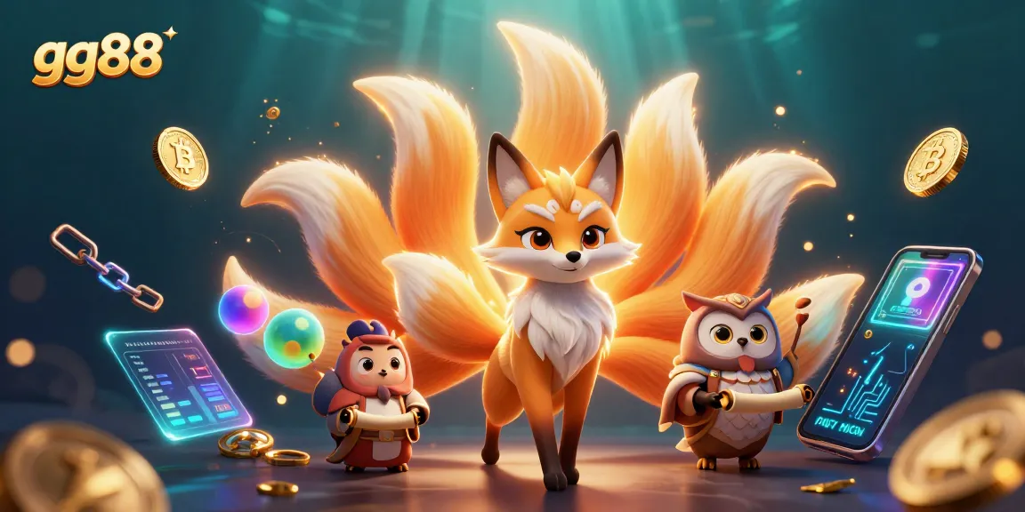 Play and win with gg88 in this vibrant casino scene featuring colorful spirit characters and crypto elements.