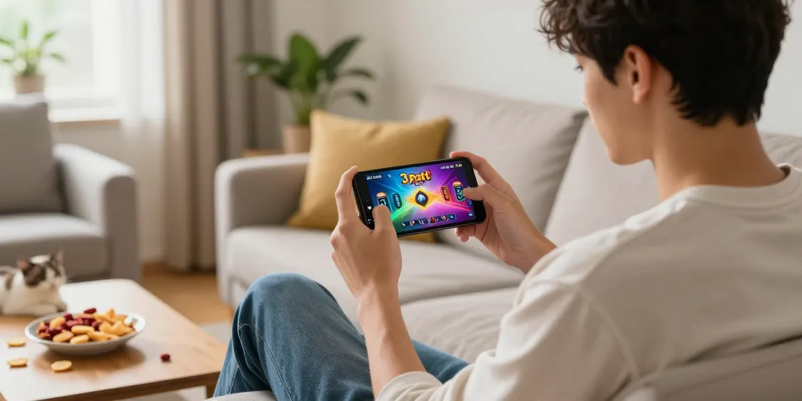 Engaging gaming scene showcasing a Mobile earning app on Android with vibrant visuals and cozy home ambiance.