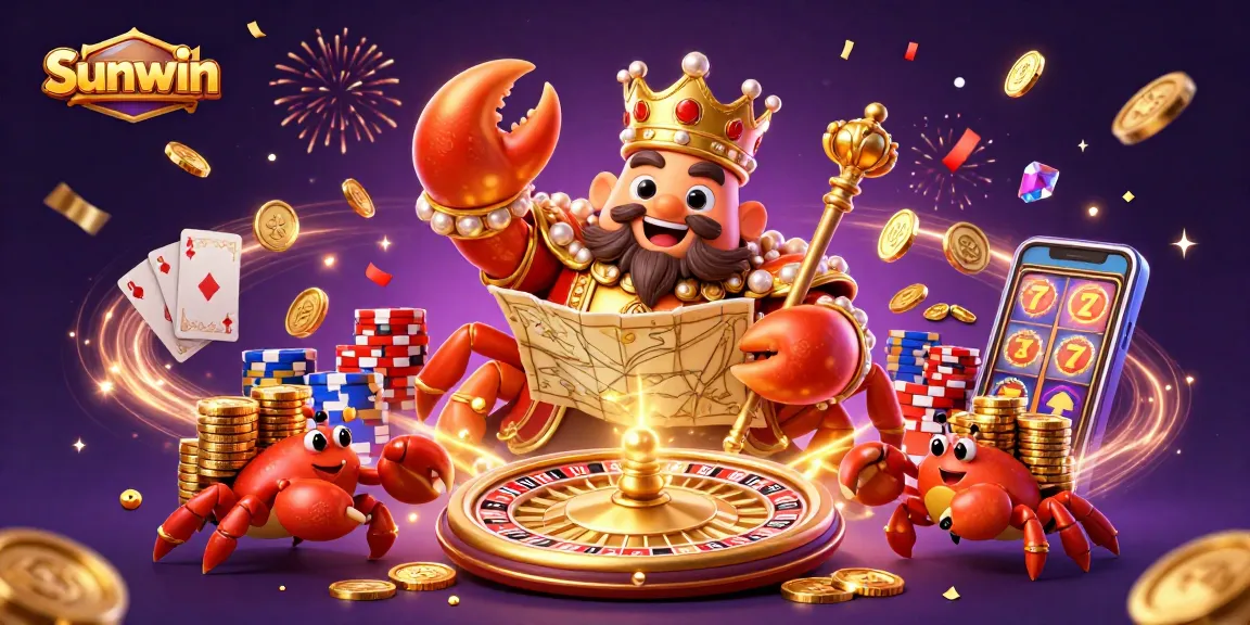 Experience luxury gaming at Sunwin with a golden crab emperor surrounded by treasures and casino activities.