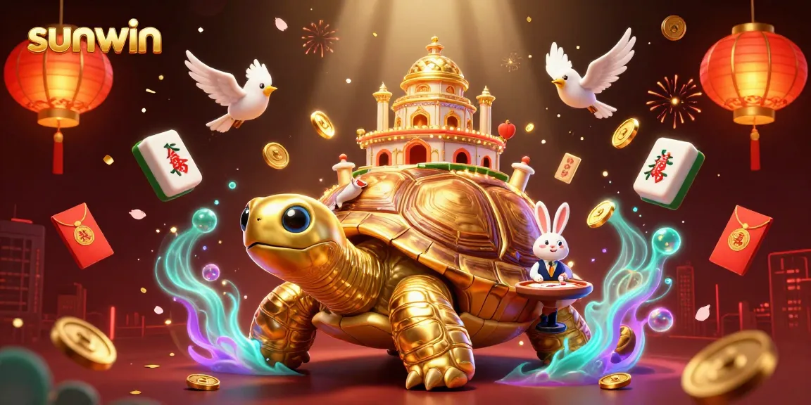 Experience thrilling gaming at Sunwin with a vibrant illustration featuring a golden tortoise casino and dynamic game elements.