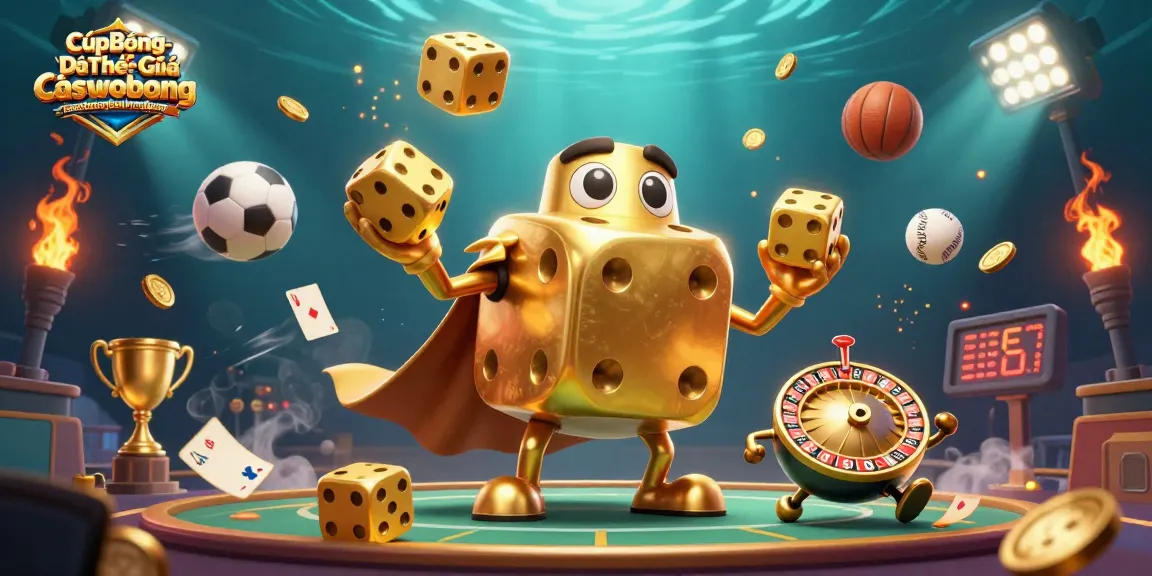 CúpBóngĐáThếGiớiCácượcbóngđánữứngdụng highlights sports themes featuring golden dice golem, dynamic sports balls.