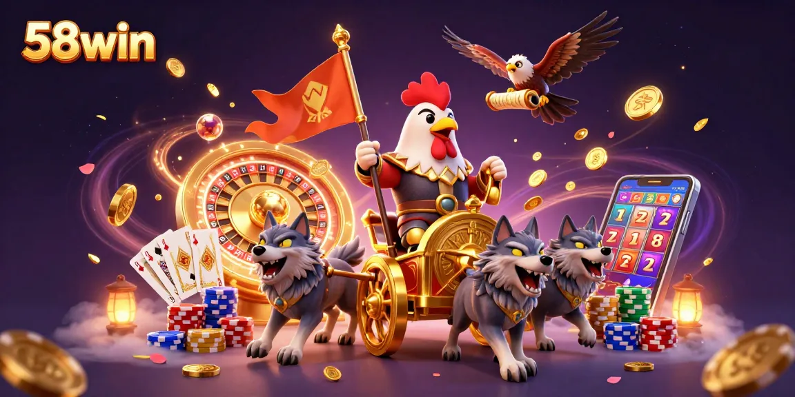 Engage with thrilling experiences at 58win, as golden coins and casino elements create a vibrant gaming atmosphere.