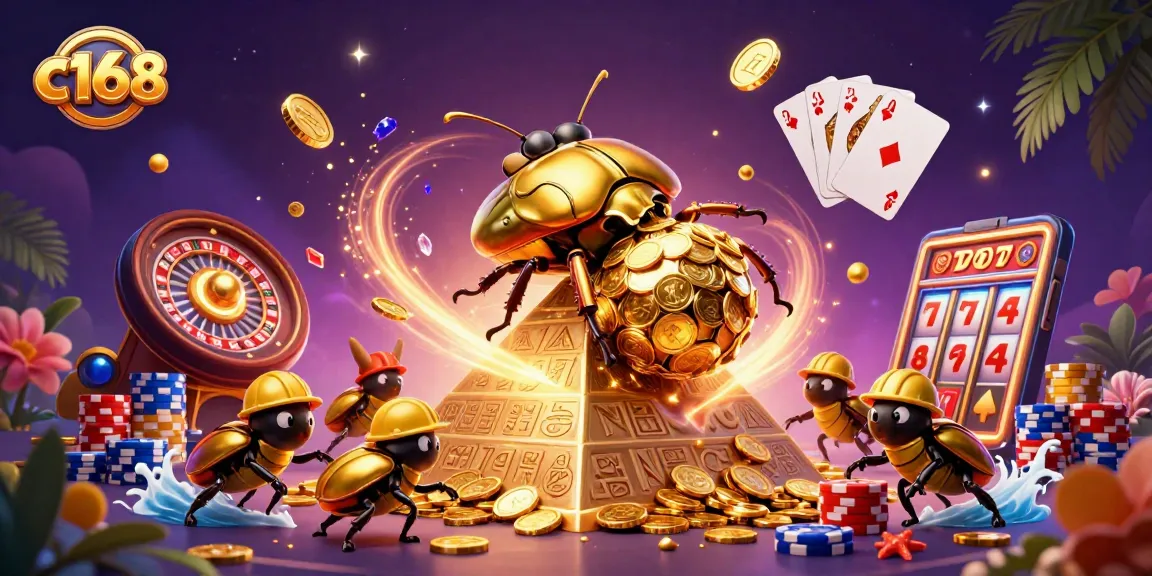 Crown big wins at c168 with vibrant casino action, featuring golden coins, roulette wheels, and dynamic game elements.