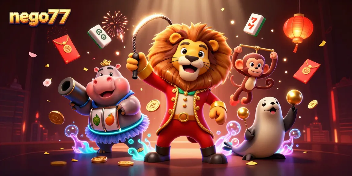 Experience premium slot fun with nego77's vibrant 3D carnival-inspired illustration showcasing winning features.