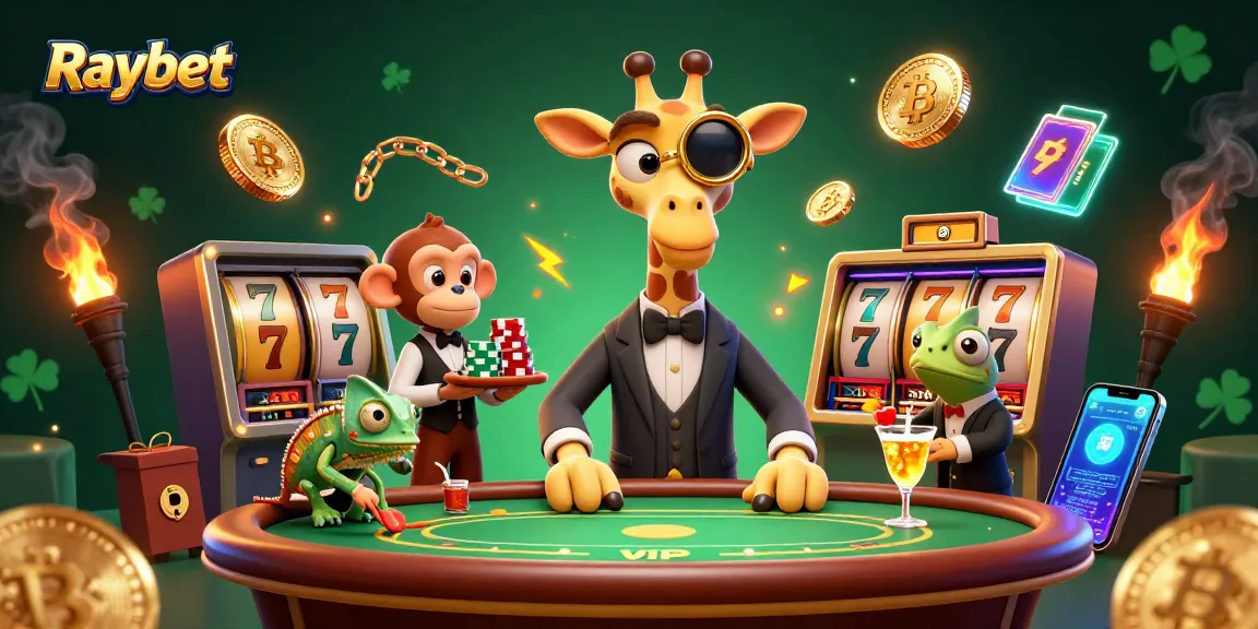Experience the thrill of Raybet with high-roller characters enjoying slot games and crypto elements.