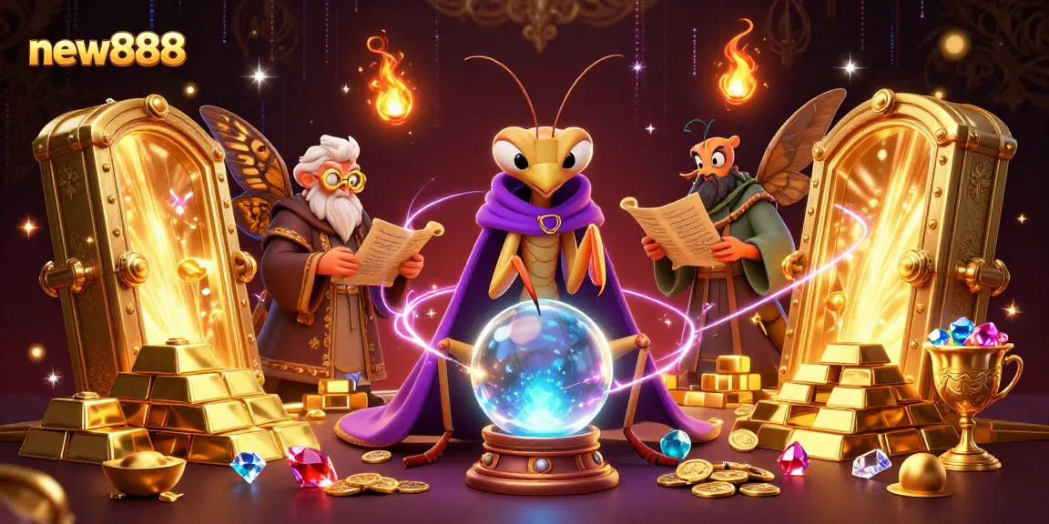 Experience the magic of new888 with a vibrant 3D scene featuring mystical fortune tellers and treasures.