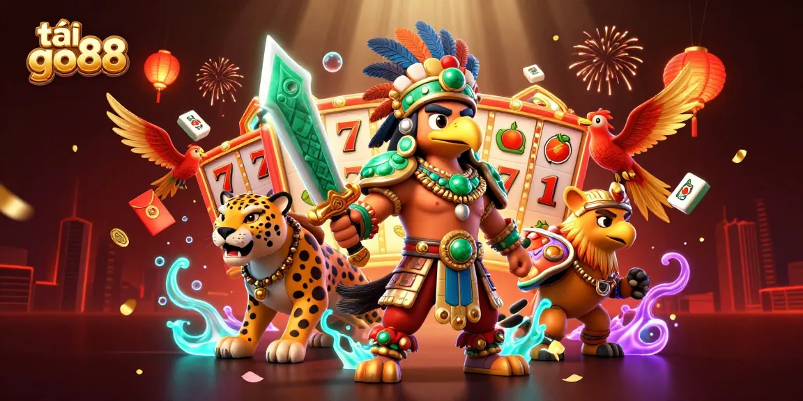 Experience thrilling gameplay with tải go88 as Aztec warriors and casino elements collide in a vibrant scene.