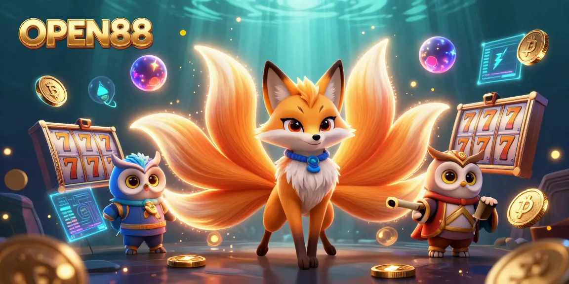 Engage with the thrilling OPEN88 casino experience featuring vibrant characters, slot reels, and cryptocurrencies.