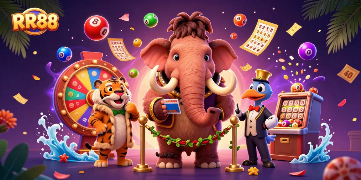 Experience the excitement of RR88 casino with a vibrant scene showcasing our energetic bouncer and unique guests.