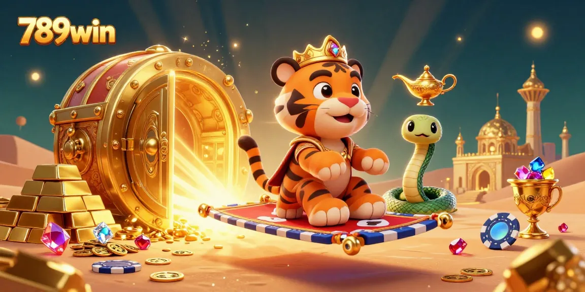 Experience thrilling games at 789win with a majestic tiger sultan on a magical journey through an enchanting casino world.