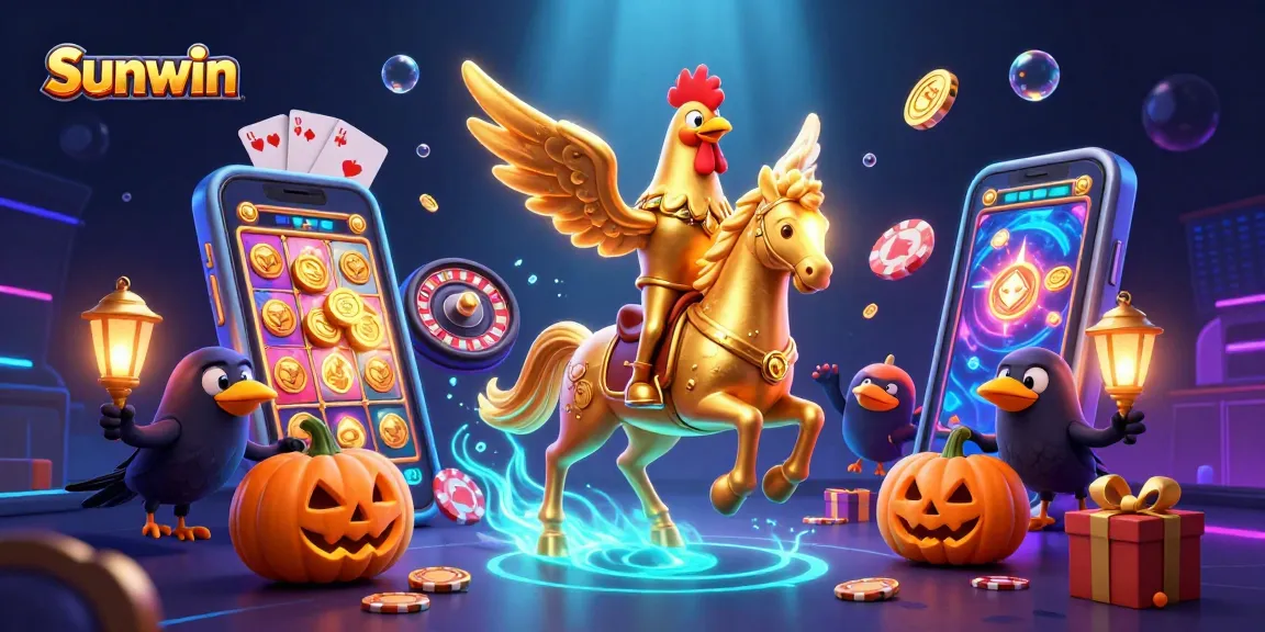 Sunwin showcases unique gaming experiences with a captivating golden rooster and interactive elements in a vibrant casino