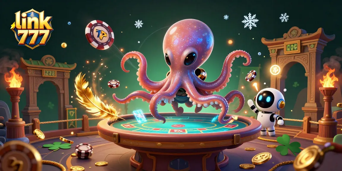 Engage with link slot 777 at a vibrant alien casino, featuring an octopus preparing a holographic game surrounded by cosmic chips.