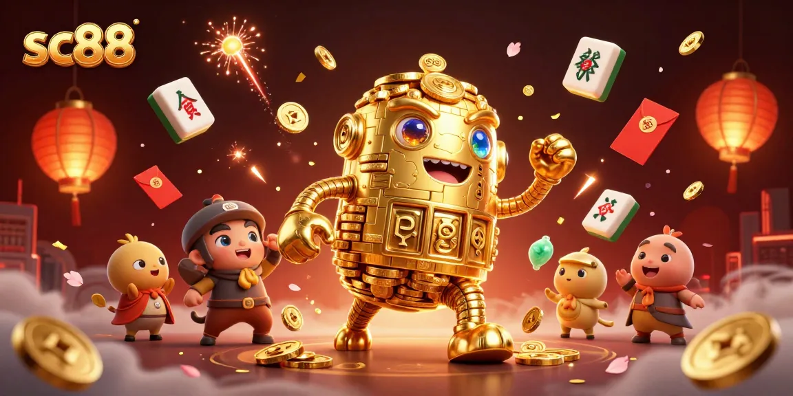 Engage with sc88's fantastic gaming experience featuring a golden golem surrounded by festive gaming elements.