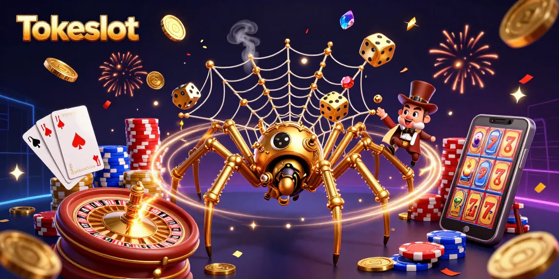 Tokeslot captivates players with a dynamic scene of slot action and golden winnings, showcasing thrilling gameplay.