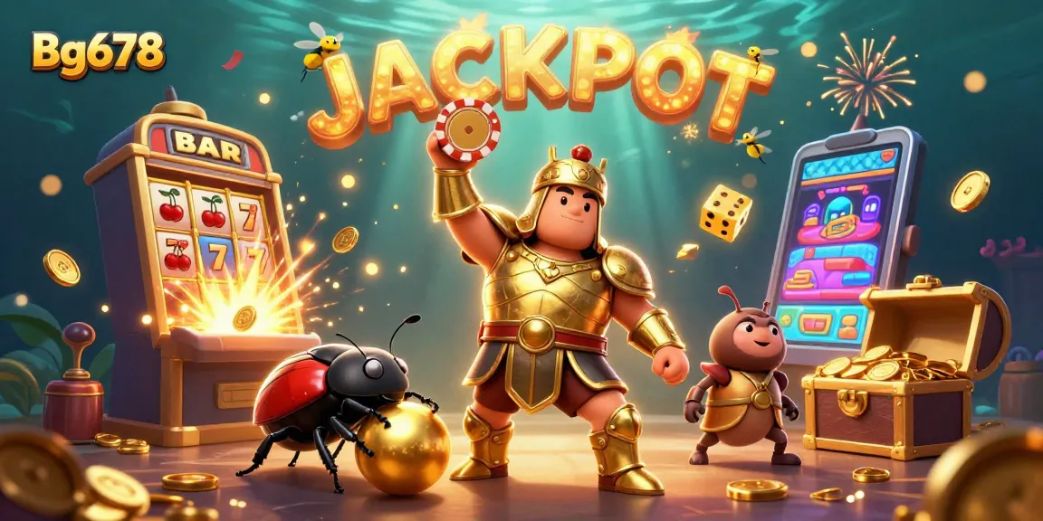 Spin to win with Bg678, featuring a heroic beetle in golden armor lifting a poker chip.