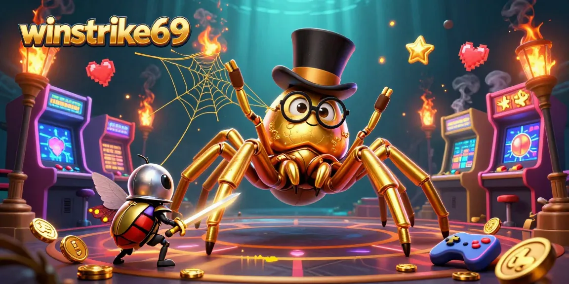 Engage with winstrike69's thrilling casino adventure featuring a golden tarantula and beetle knight amidst vibrant gaming elements.
