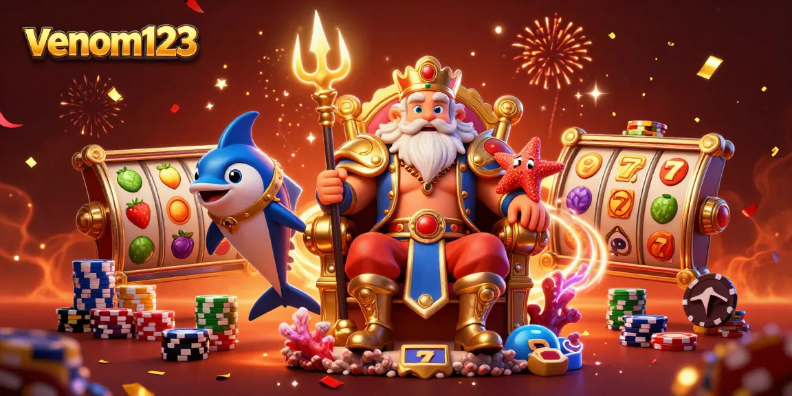 Raih jackpot menarik di venom123 dengan slot simbol buah dan lucky 7 di latar belakang festival yang meriah.