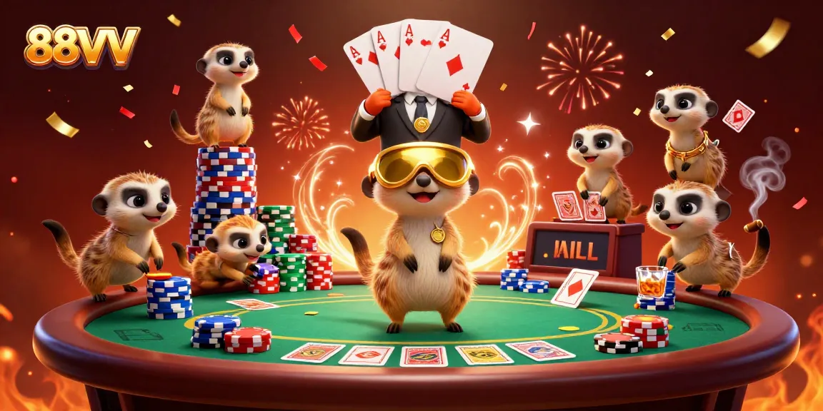 Experience the lively 88VV casino with meerkats engaging in poker fun.