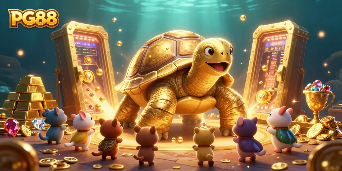 Experience thrilling gaming at PG88 with a captivating golden tortoise pinball scene of excitement and treasures.